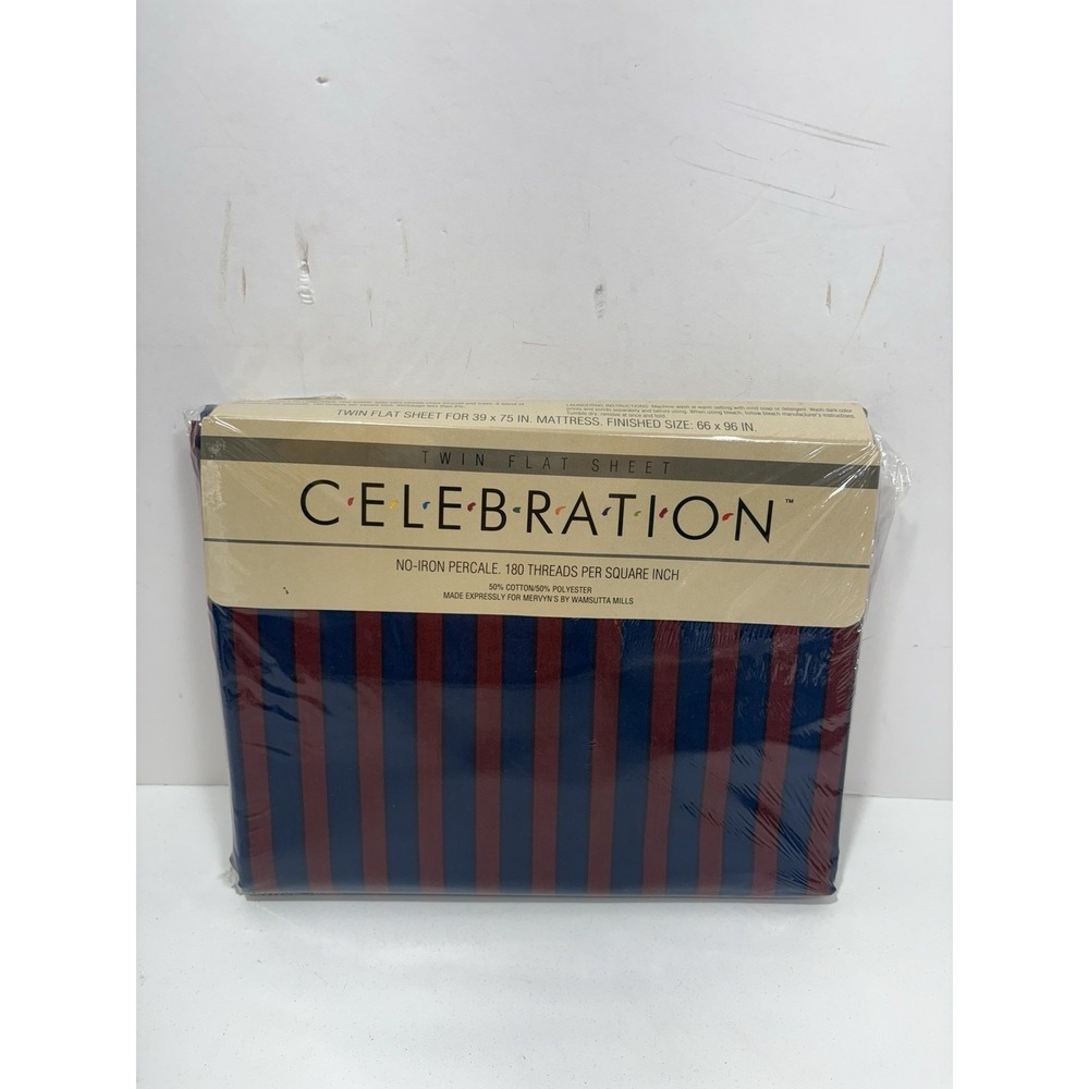 Mervyn's Celebration 180 TC Percale No Iron Twin Flat Sheet Navy Red Stripe New